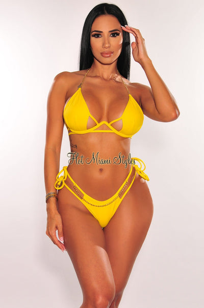 Yellow Gold Chain Underwire Strappy Tie Up Cut Out Bikini - Hot Miami Styles