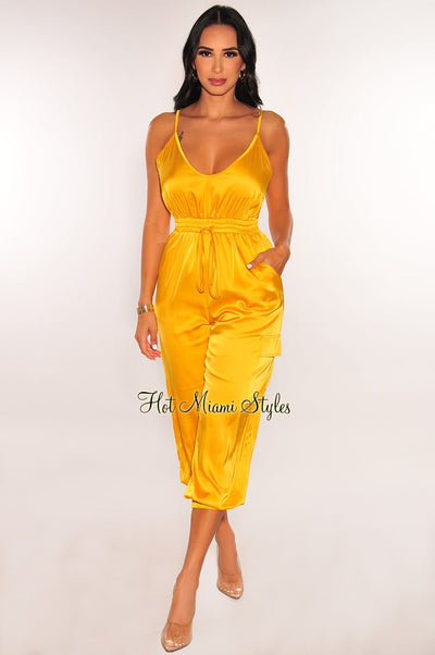 Yellow Gold Satin Spaghetti Strap Snatched Jumpsuit - Hot Miami Styles