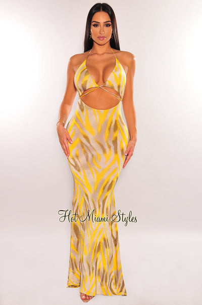 Yellow Gray Animal Print Halter Tie Up Cut Out Dress - Hot Miami Styles