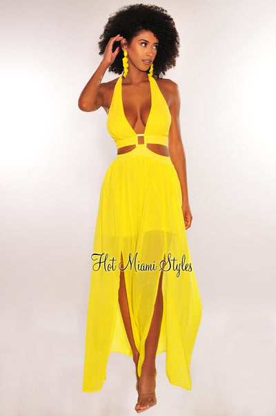Yellow Halter Buckle Cut Out Double Slit Maxi Dress - Hot Miami Styles