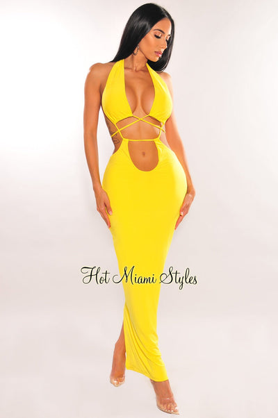 Yellow Halter Drawstring Keyhole Cut Out Dress - Hot Miami Styles