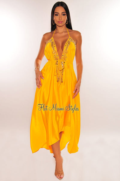 Yellow Halter Rhinestone Drawstring Asymmetrical Hem Maxi Dress - Hot Miami Styles