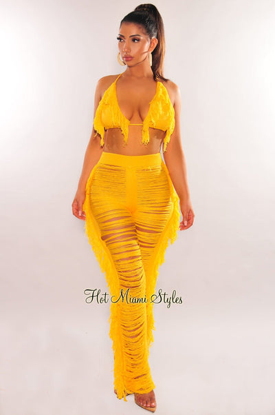 Yellow Knit Halter Triangle Top Fringe Ladder Cut Pants Two Piece Set - Hot Miami Styles