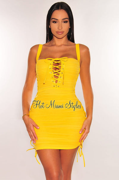 Yellow Leather Straps Lace Up Mesh Ruched Mini Dress - Hot Miami Styles