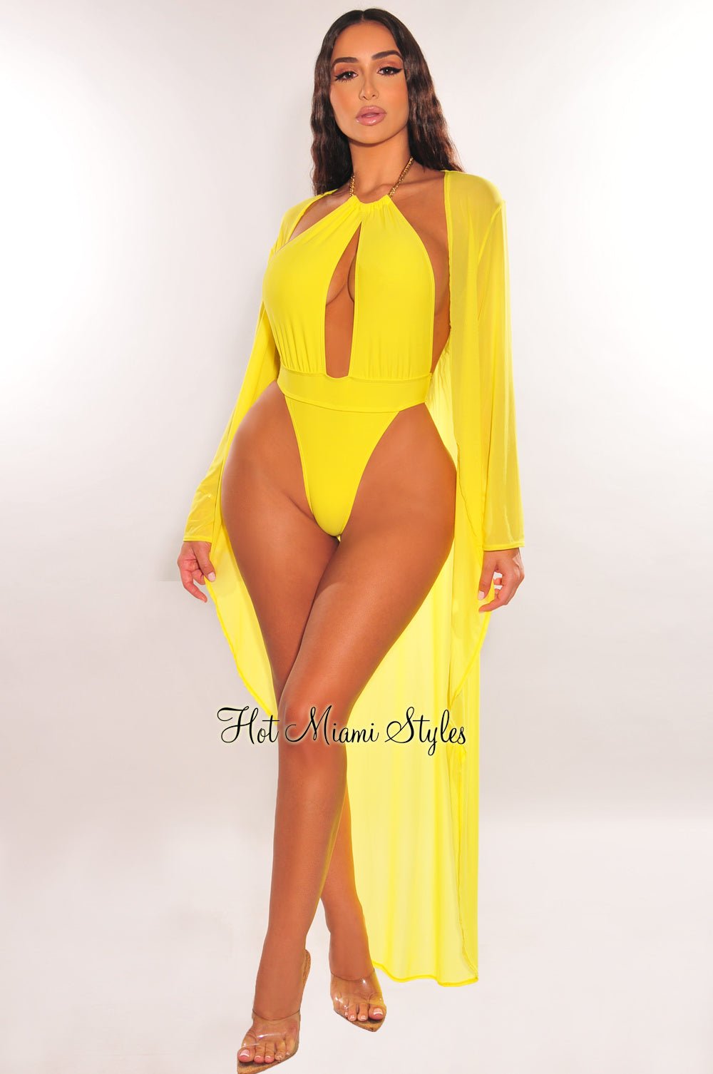 Yellow Mesh Long Sleeve High Low Cut Cover Up - Hot Miami Styles Yellow Mesh Long Sleeve High Low Cut Cover Up - Hot Miami Styles