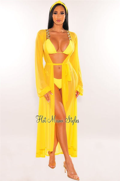 Yellow Mesh Long Sleeves Belted Maxi Cover Up - Hot Miami Styles