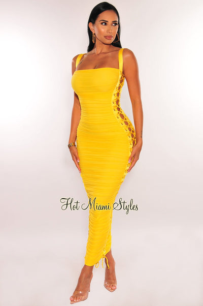 Yellow Mesh Spaghetti Strap Lace Up Sides Ruched Dress - Hot Miami Styles