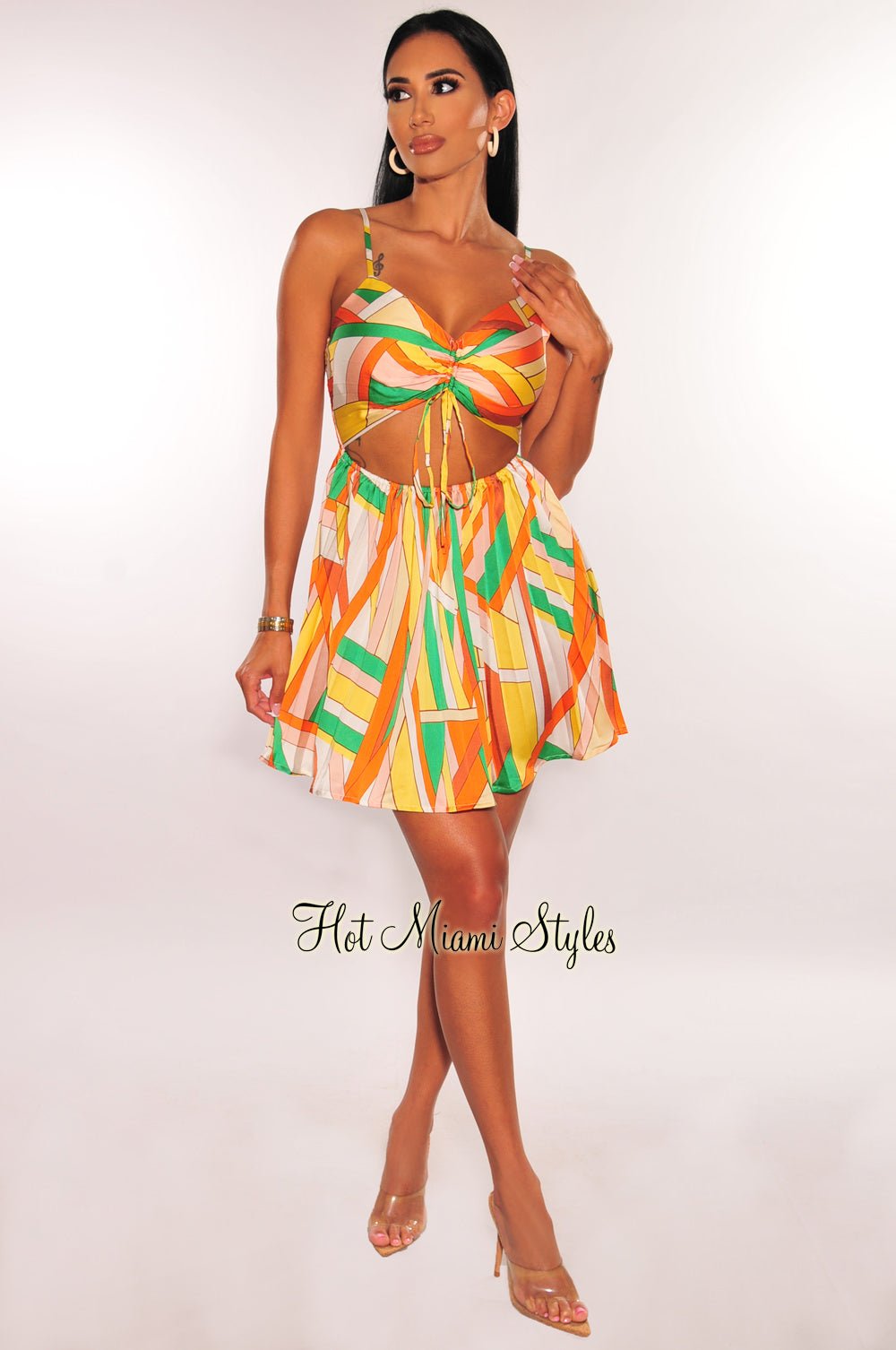 Yellow MultiColor Print Spaghetti Strap Ruched Cut Out Pleated Mini Dr Hot Miami Styles