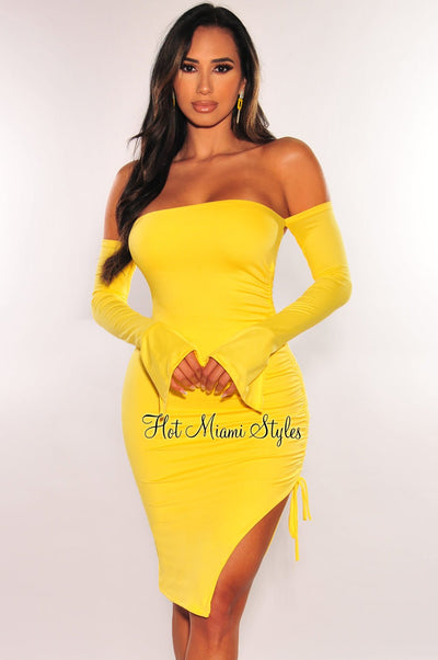 Yellow Off Shoulder Long Sleeves Ruched Slit Dress - Hot Miami Styles