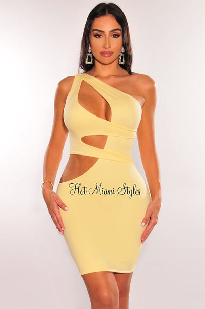 Yellow One Shoulder Cut Out Mini Dress - Hot Miami Styles