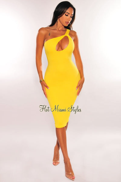 Yellow One Shoulder Strap Keyhole Cut Out Midi Dress - Hot Miami Styles