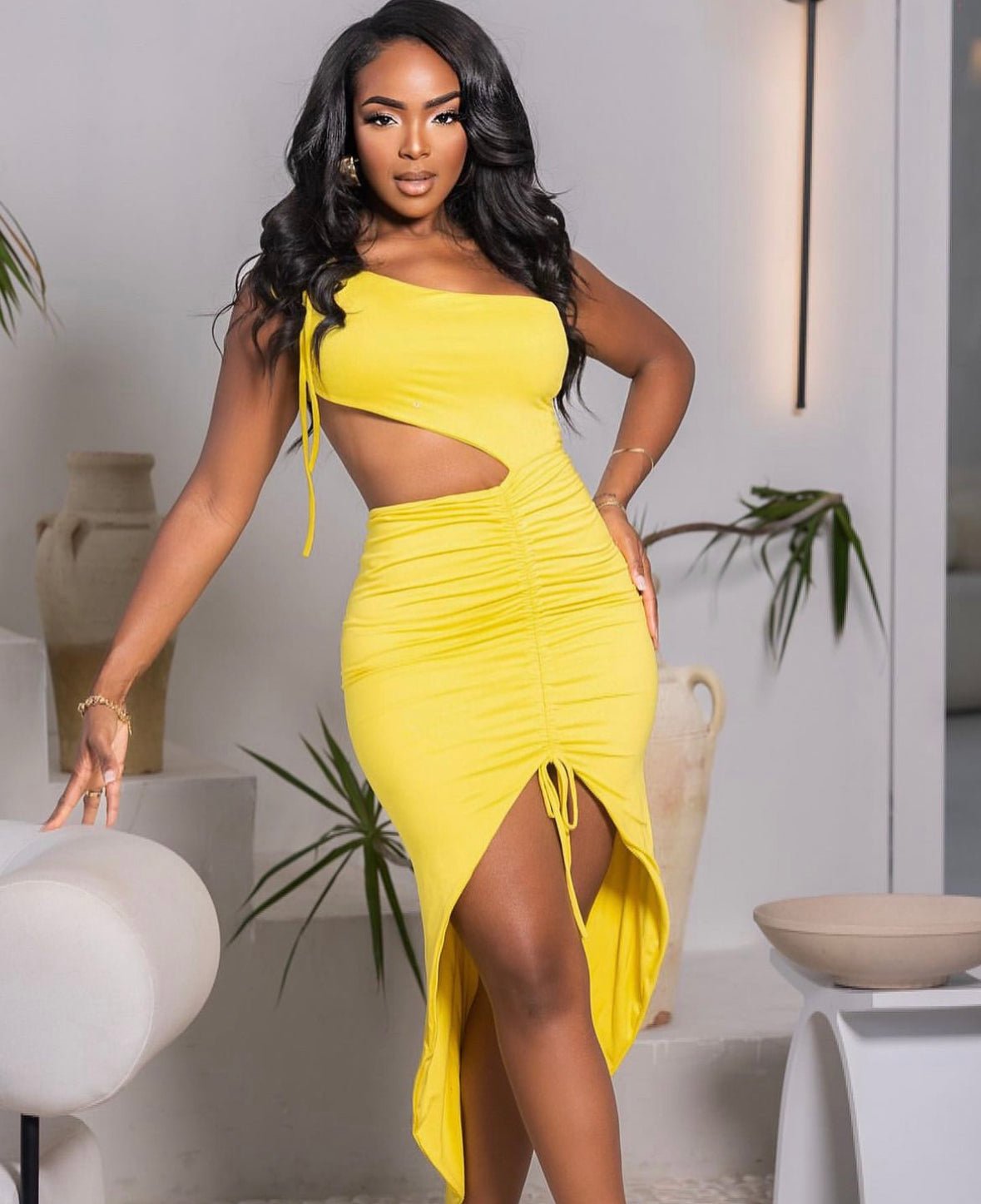 Yellow One Shoulder Tie Up Cut Out Ruched Slit Midi Dress – Hot Miami Styles