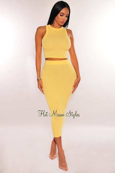 Yellow Ribbed Racerback Skirt Two Piece Set - Hot Miami Styles