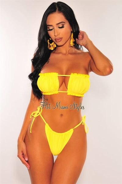 Yellow Ruched Bust Frill Padded Bandeau Bikini - Hot Miami Styles