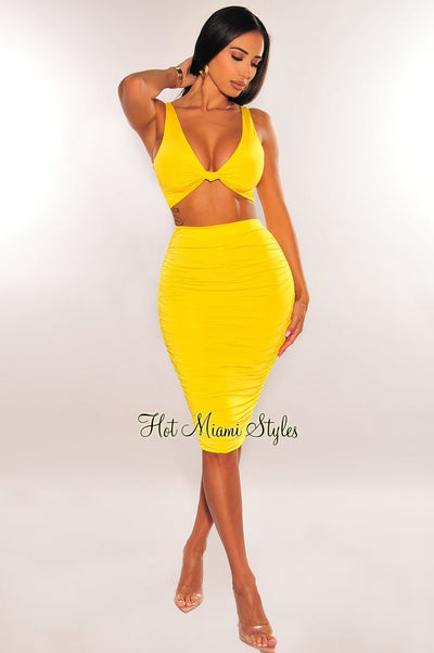 Yellow Sleeveless Knotted Ruched Skirt Two Piece Set - Hot Miami Styles
