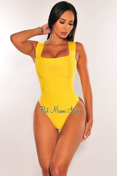 Yellow Square Neck Straps Bandage Bodysuit - Hot Miami Styles
