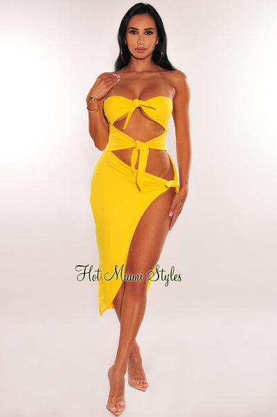 Yellow Strapless Tie Up Cut Out Slit Midi Dress - Hot Miami Styles