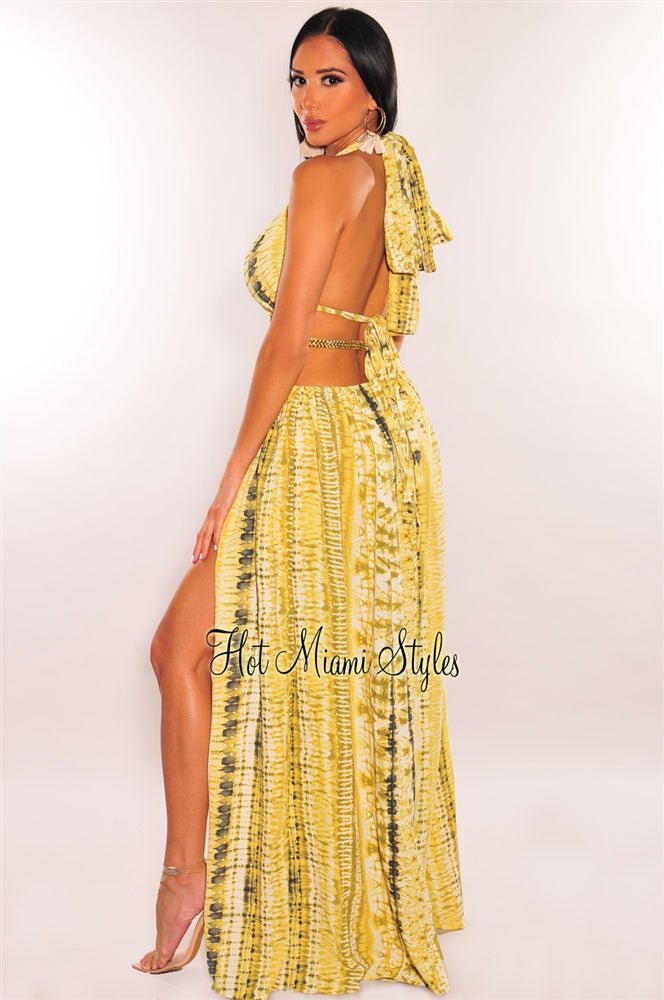 Yellow Tie Dye O-Ring Cut Out Gold Belted Double Slit Maxi Dress Small Yellow Tie Dye O-Ring Cut Out Gold Belted Double Slit Maxi Dress Small