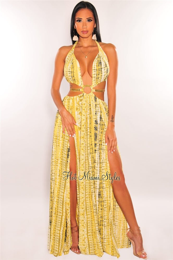 Yellow Tie Dye O-Ring Cut Out Gold Belted Double Slit Maxi Dress Small Yellow Tie Dye O-Ring Cut Out Gold Belted Double Slit Maxi Dress Small
