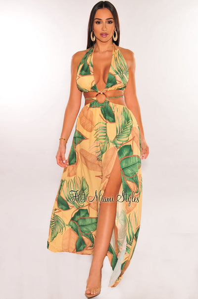 Yellow Tropical Palm Print Halter Padded Belted Slit Maxi Dress - Hot Miami Styles