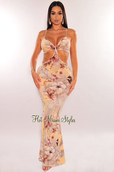 Yellow Tropical Print Spaghetti Straps Cut Out Maxi Dress - Hot Miami Styles