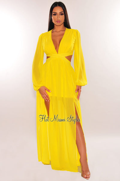 Yellow V Neck Long Sleeve Cut Out Double Slit Maxi Dress - Hot Miami Styles