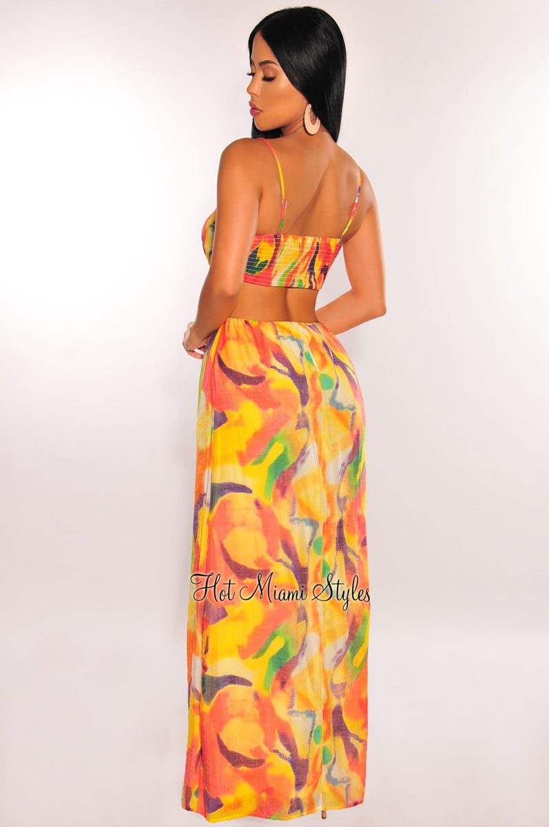 Yellow Watercolor Print O Ring Cut Out Maxi Dress – Hot Miami Styles