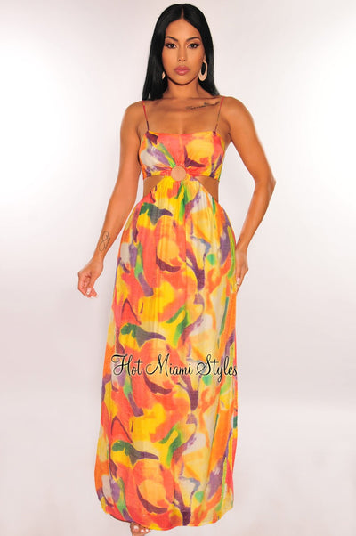 Yellow Watercolor Print O Ring Cut Out Maxi Dress - Hot Miami Styles